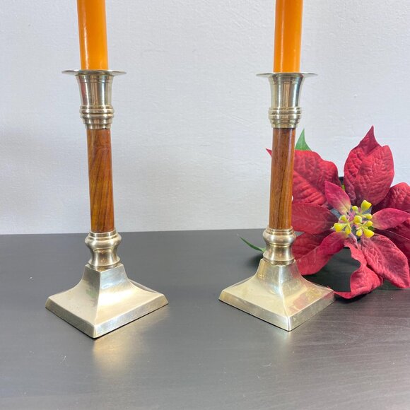 Set of 2 Candlestick Holders, Brass and Wood, Taper Candle Holder with Candles, - Picture 9 of 10